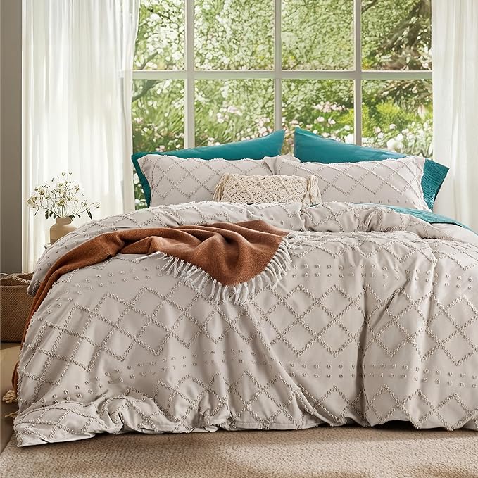 Bedsure Boho Duvet Cover Queen Size - Beige Breathable & Soft Boho Bedding, Machine Washable Comforter Cover for All Seasons, Includes 1 Duvet Cover 90"x90" with 2 Pillow Shams & Zipper Closure