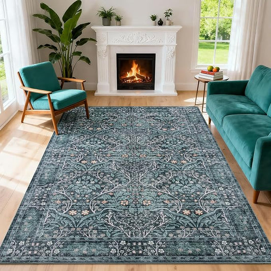 Washable Rug 5x7 Area Rug,Retro Green Living Room Rug for Entryway Bedroom Farmhouse Nursery Home Office，Low Pile Stain & Slip Resistant Large Carpet for Bedroom