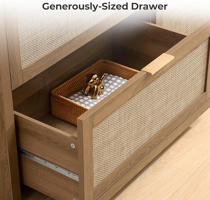 SICOTAS 60.8" Dresser for Bedroom, Rattan Boho Dresser with 4 Deep Drawers, Large Chest of Drawers for Closet,Nursery,Dressers TV Stand for Bedroom (Reclaimed Caramel Oak, 4 Drawers (1 pc))