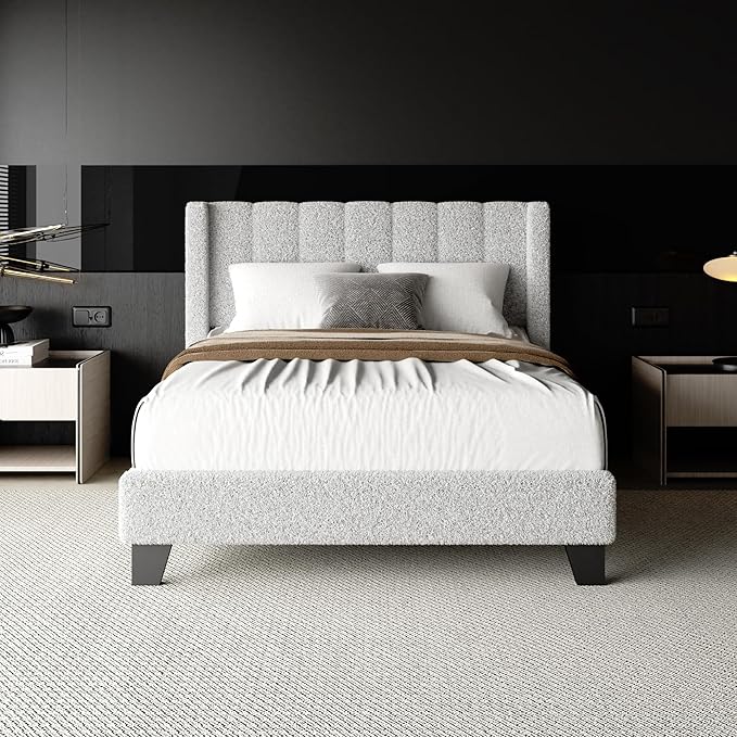Full Bed Frame with Headboard Upholstered Platform Bed Frame with Teddy Velvet Headboard, Wooden Slats Support/Wing Edge Design/No Box Spring Needed/Easy Assembly, Grey Full