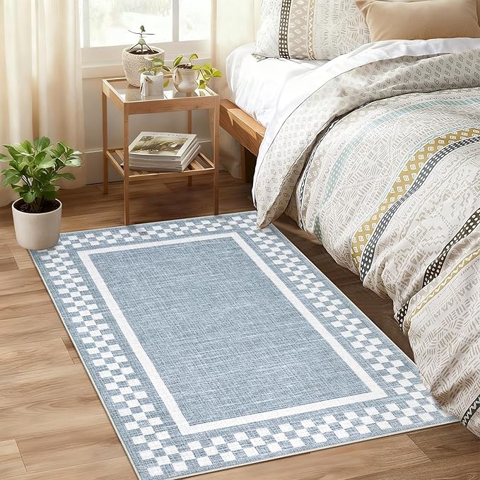 Small Bedroom Area Rug 3x5 Checkered Area Rug for Living Room Nursery Non Slip Kitchen Throw Carpet Low Pile Modern Bordered Rugs Washable Bathroom Mat Soft Brown Rugs for Laundry Entryway, Blue