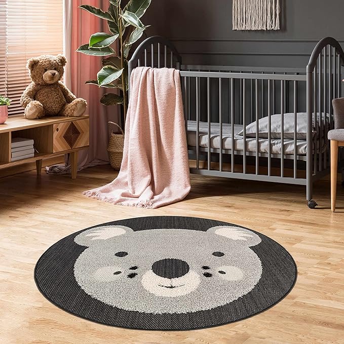 Hauteloom Kids Room, Nursery Round Area Rug - Outdoor Patio Safe - Animal Koala Playroom Carpet - Gray, Black, Cream - 3'11"