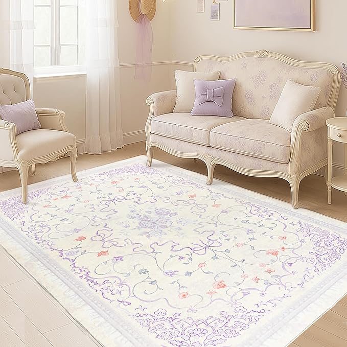 Pastel Purple and Pink Area Rug for Dorm Kids Room 6x9 Washable Light Lavender Whimsical Fairy Bow Floral Fun Rug for Girls Bedroom Toddler Play Room