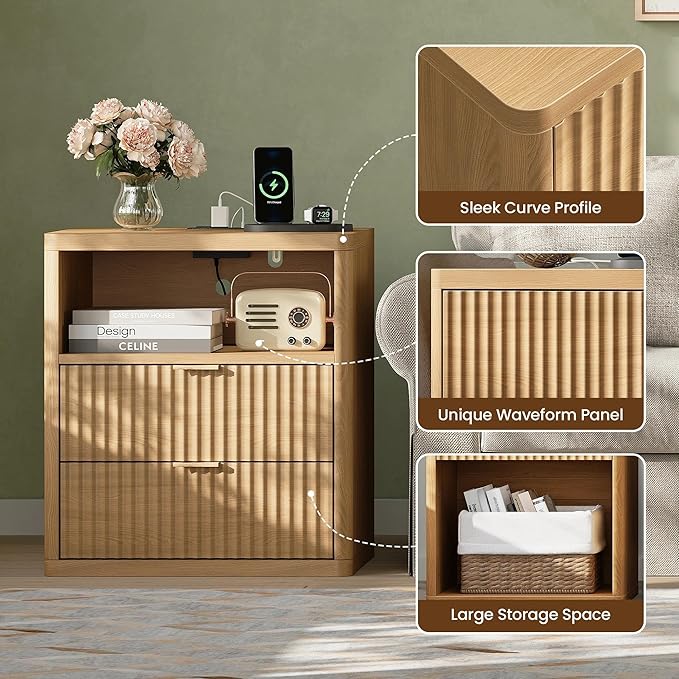 Fluted Nightstand with Charging Station, 21.7" Wide Modern Night Stand with 2 Drawers Open Storage Cabinet, Wooden Bedside End Table for Bedroom, Natural Oak