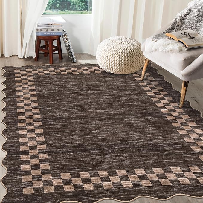 GarveeHome 4x6 Area Rug Small Washable Living Room Rug Scalloped Rug with Rubber Backing Stain Resistant Low Pile Dining Room Throw Carpet Modern Bordered Mat for Bedroom Kitchen, Brown