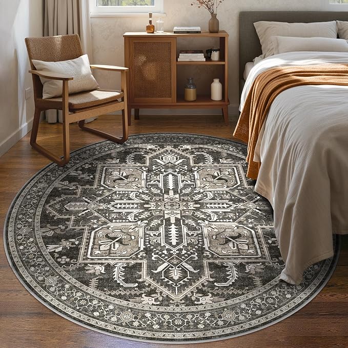 WITSHOCK Round Area Rug 8Ft: Washable Non-Slip Low Pile Large Circle Carpet, Foldable Boho Style Rug for Living Room Bedroom Dining Room Kitchen Nursery Home Office – Pet Kid Safe – Bitter Black