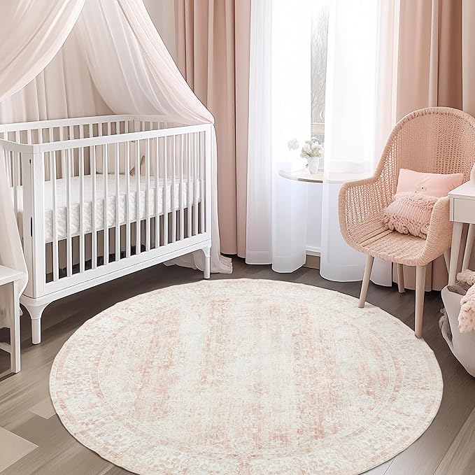 Round Rug 6x6 Feet 6ft Washable Area Rug Vintage Rug Indoor Floor Cover,Floral Print Blush Pink Circle Rug 6' Round Kitchen Living Room Girl Bedroom Dining Room