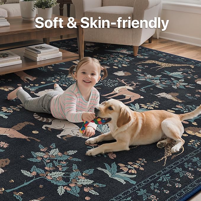 Washable Rugs 8x10 Rug for Living Room,Floral Animal Print Area Rug, Non Slip Low Pile Carpet for Bedroom, Dining Room, Nursery,Playroom, Black