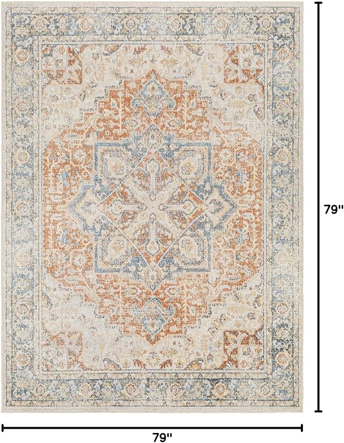 Mark&Day Washable Rugs, 7ft Round Hollenberg Traditional Burnt Orange Area Rug, Orange Blue Beige Carpet for Living Room, Bedroom or Kitchen (6'7" Round, Machine Washable)