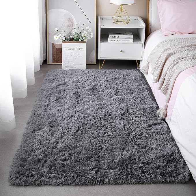 3x5 Grey Fluffy Shag Rug for Bedroom Soft Plush Fuzzy Washable Non Slip Carpet, Modern Floor Cozy Furry Shaggy Small Area Rug for Living Room, Kids Baby Boys Girls Nursery Dorm Room