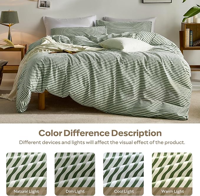 JELLYMONI 100% Natural Cotton 3pcs Striped Duvet Cover Sets,White Duvet Cover with Green Stripes Pattern Printed Comforter Cover,with Zipper Closure & Corner Ties(King Size)