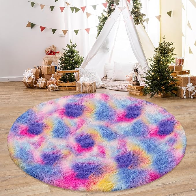 Fluffy 6 ft Large Round Rug for Girls Bedroom,Soft Shaggy Pink Rainbow Rugs Plush Fuzzy Circle Area Rug for Living Room Kids Playroom Room Baby Toddler Nursery Colorful Home Decor Aesthetic