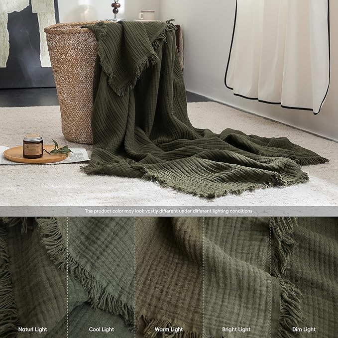 FOSSA Muslin Blanket with Fringe - 4-Layer 100% Cotton Gauze Super Soft & Breathable Throw -Lightweight Decorative Cooling Blanket for Bed, Sofa, Office (Olive Green, Queen (90" × 90"))