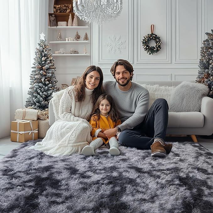 6x9 Dark Grey Fluffy Shag Rug for Bedroom Living Room, Ultra Soft Plush Fuzzy Washable Non Slip Floor Cozy Carpet, Modern Comfy Shaggy Large Area Rug for Kids Baby Nursery Dorm, Tie-Dye Gray