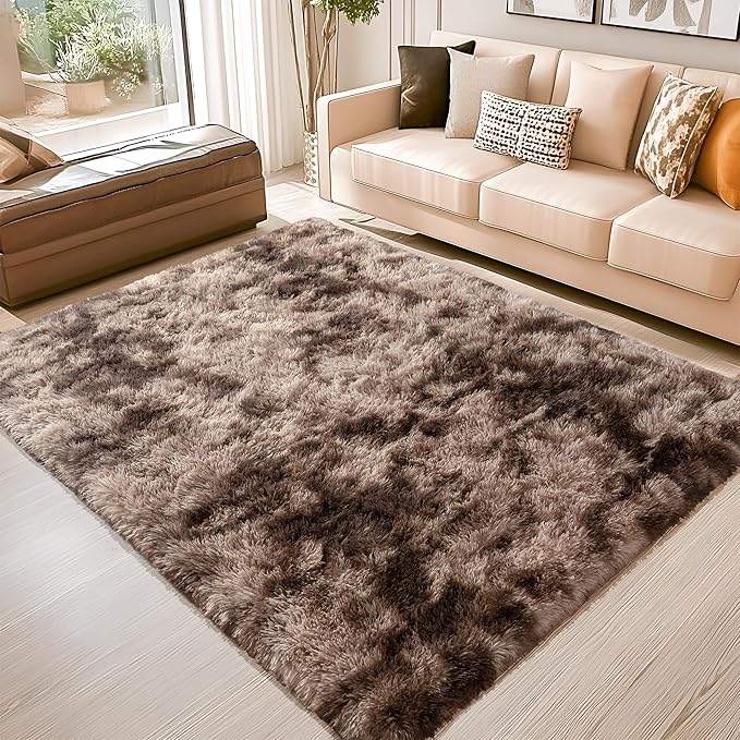 5x7 Shag Area Rug - Fluffy Fuzzy Nursery Kids Girls Room Rug - Soft Plush Furry Bedside Carpet - Tie-Dyed Brown