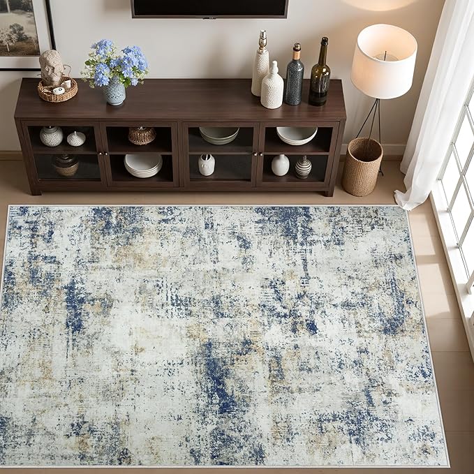 Area Rug Living Room Rugs: 5x7 Washable Rug with Anti-Slip Backing Non-Shedding Stain-Resistant Foldable Modern Abstract Carpet for Bedroom Dining Room Nursery Hallway Home Office Blue Brown