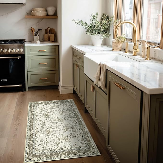 Beige Taupe Floral Area Rug for Entryway 2x3 Washable Small Rug Low Pile Non Slip Distressed Entry Mat Soft Farmhouse Indoor Entrance Door Mat for Kitchen Bedroom Greyish Beige Tan Floral Design