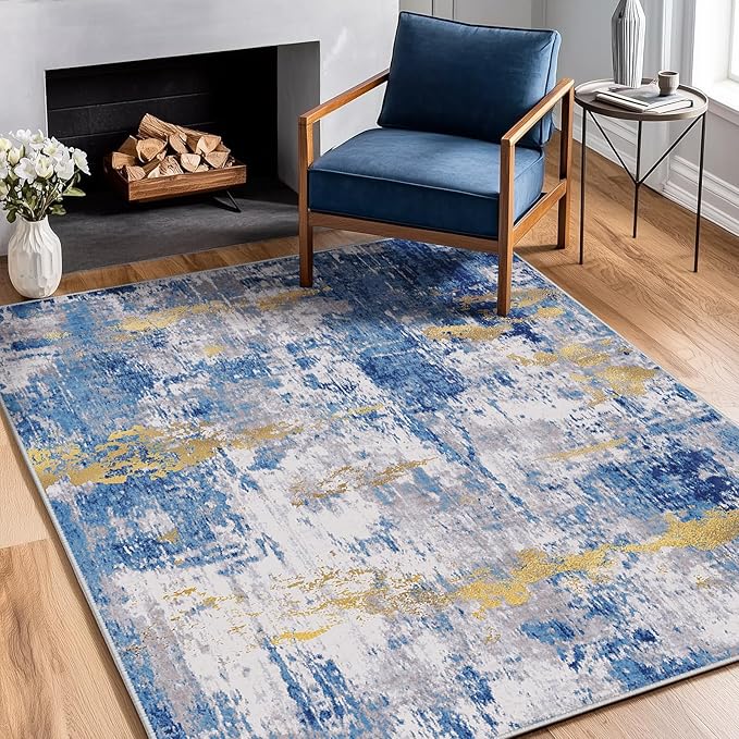 Washable Area Rugs 4'x6' Non-Slip Modern Abstract Soft for Living Room Entryway Bedroom Nursery, Print Pattern, Grey Blue Gold/Golden