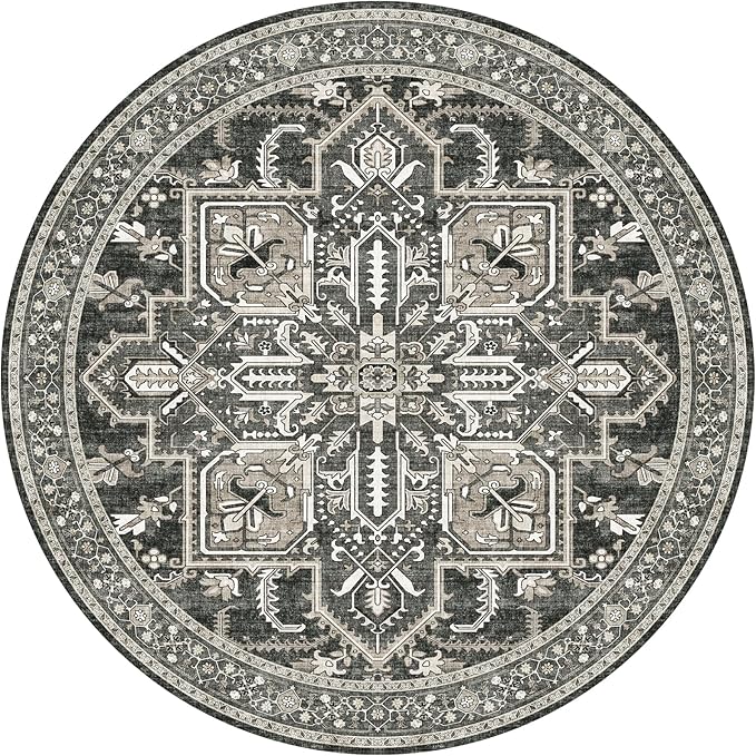 WITSHOCK Area Rug Round Rugs, 4Ft Oriental Circle Area Rugs for Living Room Machine Washable Non Slip Stain Backing Rug Soft Foldable, Vintage Rugs Home Office Kitchen Hallway Bedroom, Bitter Black