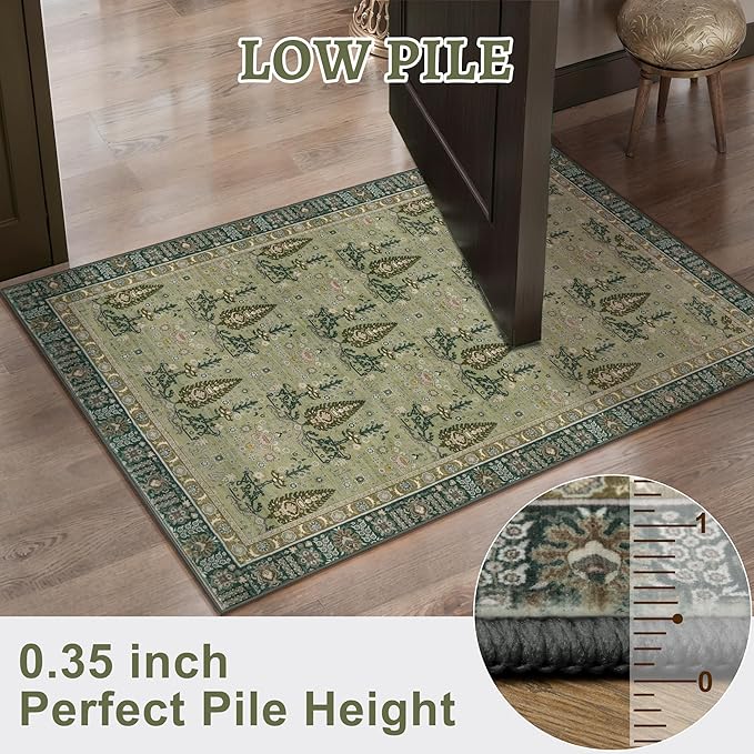 Tangsoo 2x6 Washable Runner Rug for Hallways, Non Slip Vintage Boho Green Floral Rug for Entryway Kitchen Laundry, Non Slip Soft Low Pile Indoor Rug for Bedroom Bathroom Beside