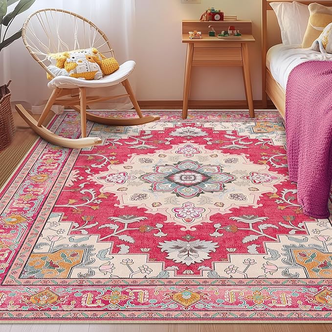 Machine Washable Rugs Nursery Rug 8x10 Area Rugs Non Slip Low Pile Water Repellent Soft Print Pattern for Bedroom Indoor Decor Kids Playroom Brightpink