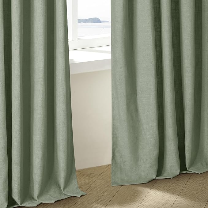 Sage Green Linen Curtains 102 Inches Long 2 Panels for Living Room Modern Thick Linen Flax Pinch Pleated Memory Trained Light Filtering Ceiling Semi Sheer 102 Inch Curtain with Hook Rings Back Tab
