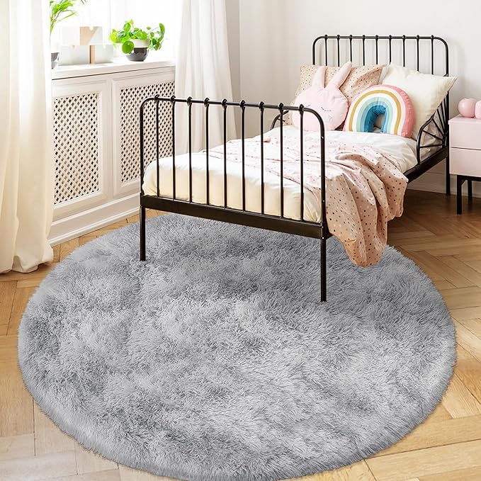 5 ft Round Fluffy Grey Rug for Bedroom,Tie Dyed Furry Round Carpet Non Slip Gray Fuzzy Shaggy Plush Circle Area Rug for Living Room Teen Room Nursery Room Playroom Kids Room Home Decor Washable
