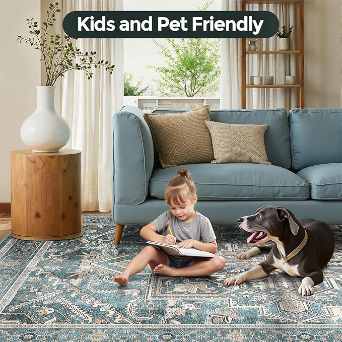 WITSHOCK Teal 10x14 Large Living Room Rugs: Washable Modern Vintage Boho Soft Low Pile Stain Resistant Foldable Carpet for Bedroom Playroom Dining Room Office, Distressed Farmhouse Floral Home Decor