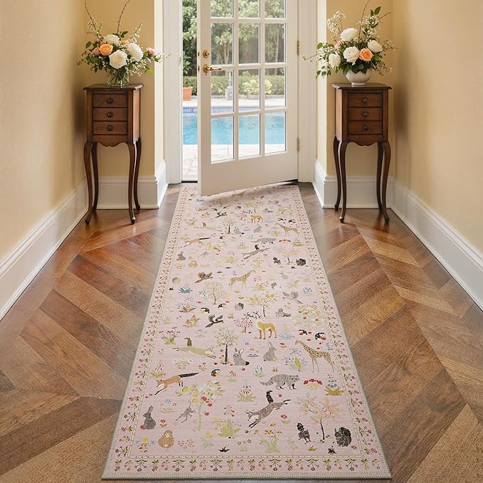 Runner Rug Non Slip 2'6''x 6', Floral Animal Print Rug Machine Washable Rug, Non Slip Low Pile Hallway Runner Girl Carpet for Kitchen, Laundry, Bedroom, Bathroom, Nursery, Pink