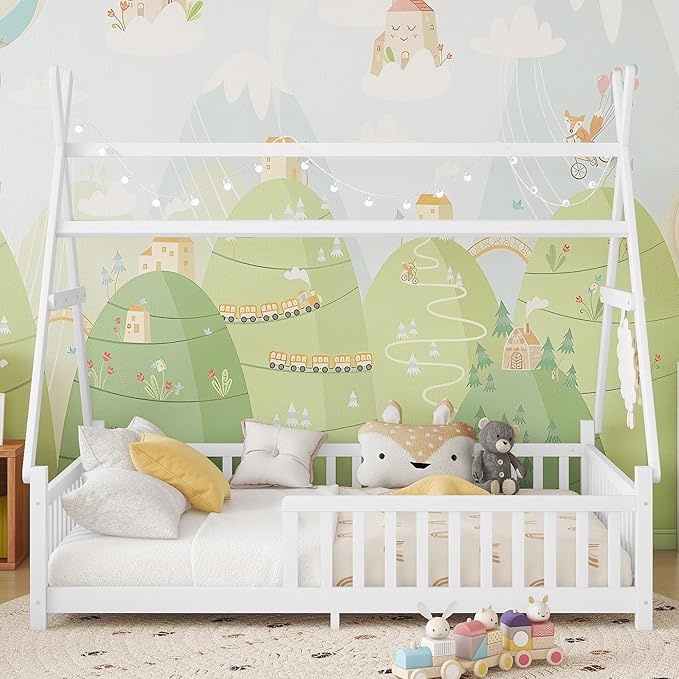 Full House Bed with Roof & LED Light, Low Profile House Bed with Fence, Safe Guardrails, DIY-Friendly for Boys & Girls, Solid Wood & MDF Construction, No Box Spring Required, White