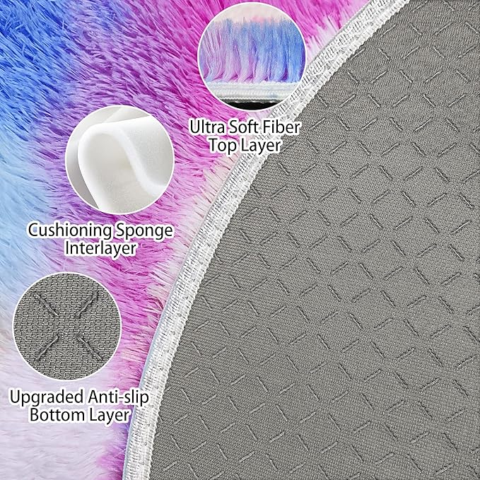 Fluffy 6 ft Large Round Rug for Girls Bedroom,Soft Shaggy Pink Rainbow Rugs Plush Fuzzy Circle Area Rug for Living Room Kids Playroom Room Baby Toddler Nursery Colorful Home Decor Aesthetic