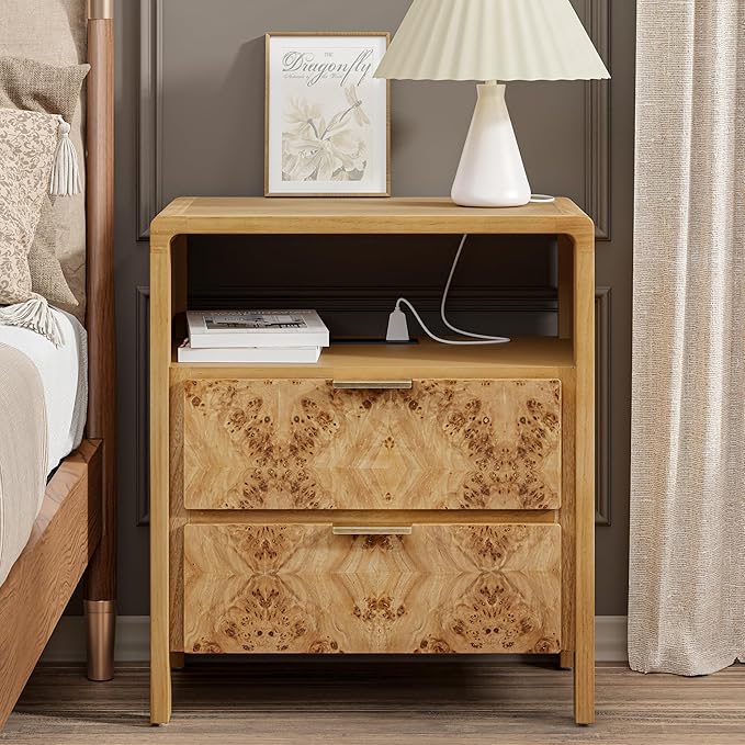 LONYKE Burl Finish Nightstand with Charging Station, Side Table with Power Outlet and USB & Type C Ports, Wood Bedside Table for Bedroom, Fully Assembled, Rustic, Natural, Farmhouse