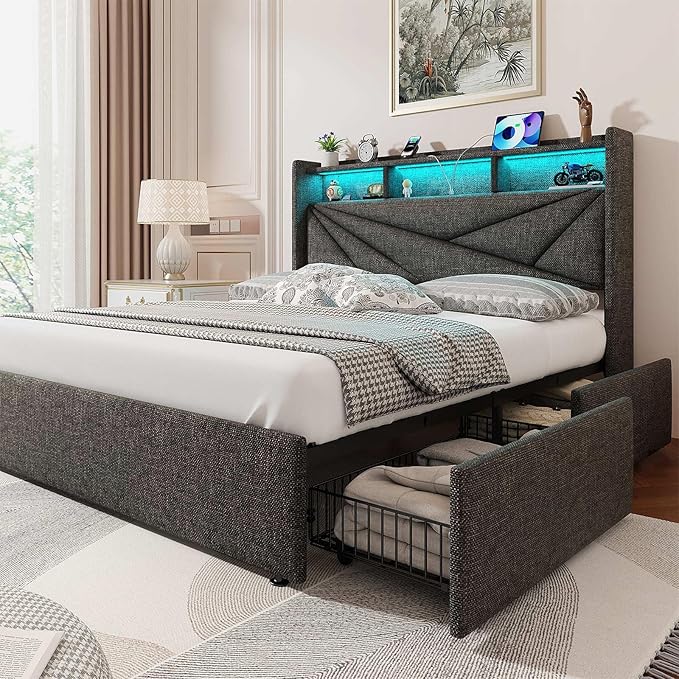 LED Full Size Bed Frame with 4 Storage Drawers, Upholstered Full Bed Frame with 2-Tier Headboard and Charging Station, No Box Spring Needed, Easy to Assembly - Dark Grey