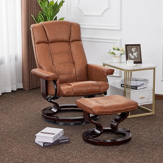 MCombo Manual Swivel Recliner with Ottoman, Chair Ottoman Set for RV Small Spaces, Living Room, Bedroom, Office 9019 4919 (Faux Leather, Saddle)