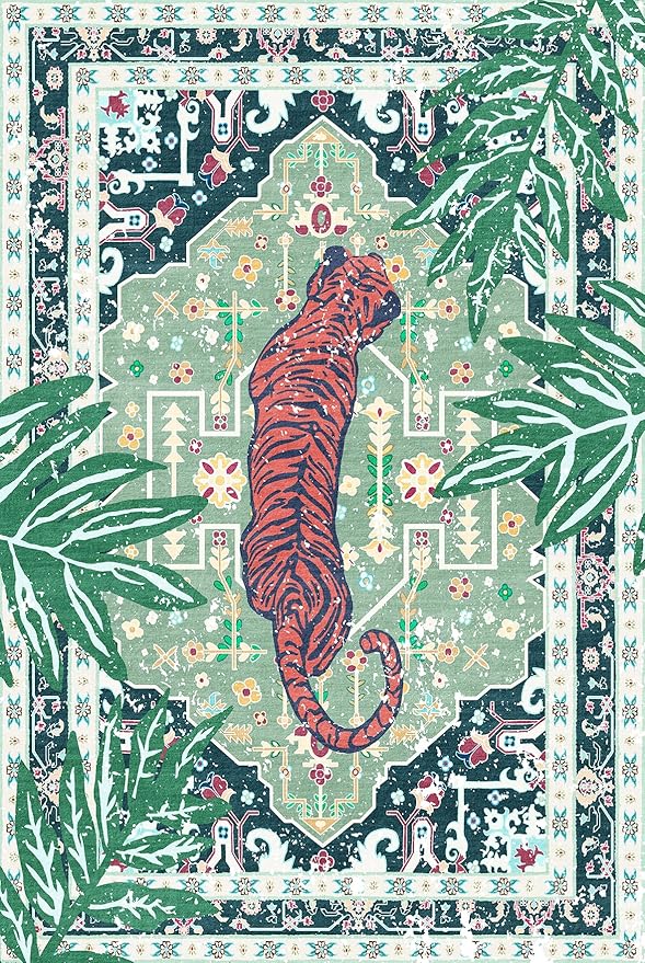 Green 3x5 Tiger Rug Washable Non-Slip Boho Vintage Jungle Rug Whimsical Animal Print Soft Cozy Tropical Woodland Carpet for Bedroom Laundry Room Kitchen Hallway Entryway