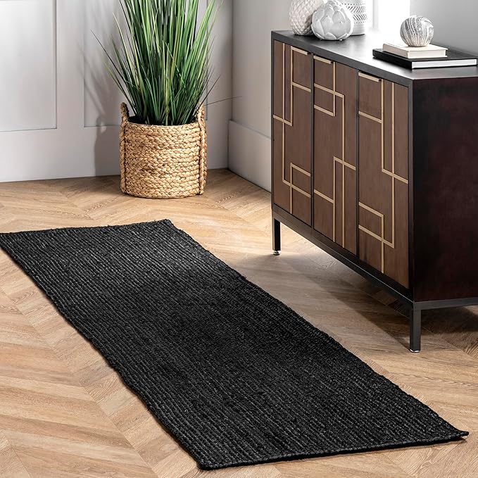 nuLOOM 2x8 Rigo Jute Hand Woven Area Rug, Black, Solid Farmhouse Design, Natural Fiber, For Bedroom, Living Room, Dining Room, Hallway, Office, Kitchen, Entryway