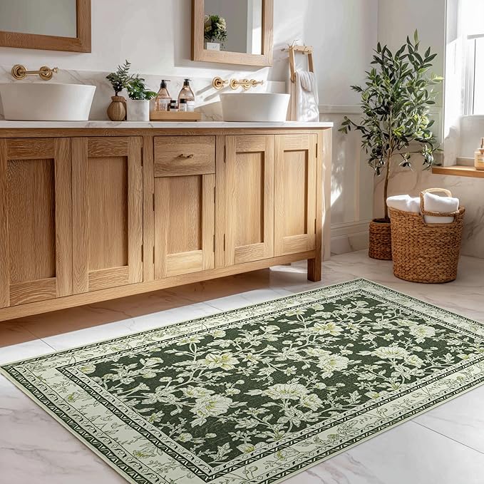 Olive Green Floral Print Area Rugs for Bedroom Living Room Boho Farmhouse Country Rustic Dining Room Carpet Soft Washable Rugs Non Slip Floor Covering for Nursery Playroom 2x3