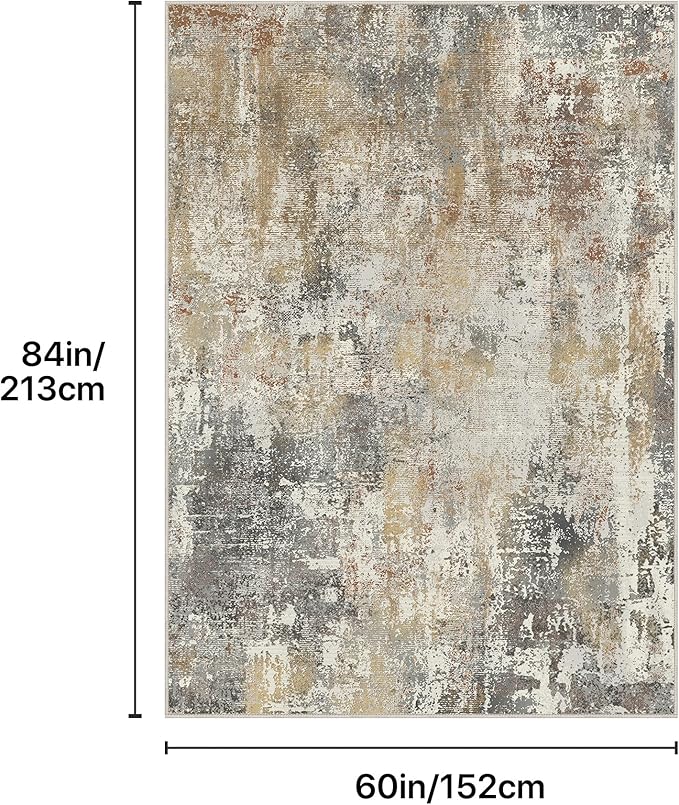 GENIMO 5x7 Area Rugs for Living Room, Machine Washable Rug Non Slip, Low Pile Ultra-Thin Lightweight Large Carpet, Abstract Modern Rugs for Bedroom, Dining Room, Office, Nursery, Brown/Grey