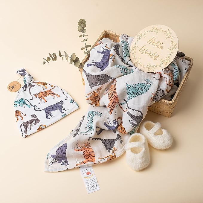 Miaoberry 100% Organic Cotton Baby Muslin Swaddle Blanket Set|Cream Tiger| Gender Neutral for Boys Girls|Yellow Mustard Orange Sun Rays| Hospital Newborn Receiving Blanket |Newborn Unisex