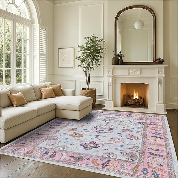 Fame Rugs Pink Beige Modern Oushak Rug 10x13, Vintage Turkish Colorful Oriental Washable Antique Inspired Oversize Area Rugs, Luxury Living Room Bedroom (390PP, 10' x 13')