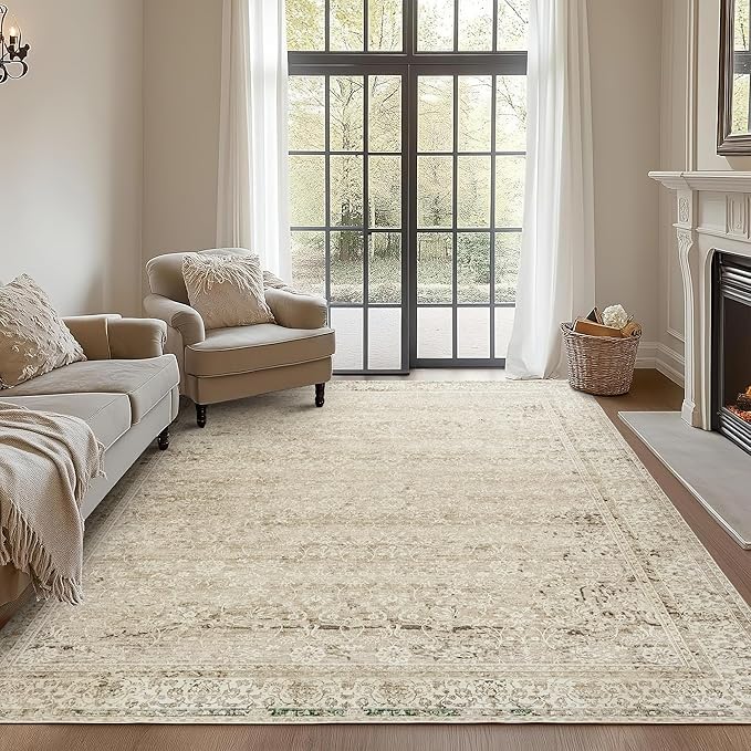 Modern Farmhouse Area Rug 5 x7 Washable Floral Earth Tone Neutral Boho Nursery Rug 5x7 for Baby Boy Bedroom,Tan Brown and Cream Beige
