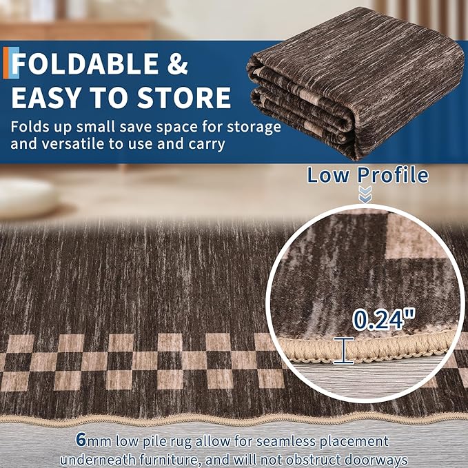 GarveeHome Area Rug 6x9 Large Living Room Modern Border Throw Rug with Rubber Backing Stain Resistant Dining Room Throw Carpet Washable Scalloped Rug for Bedroom Home Decor Office, Brown