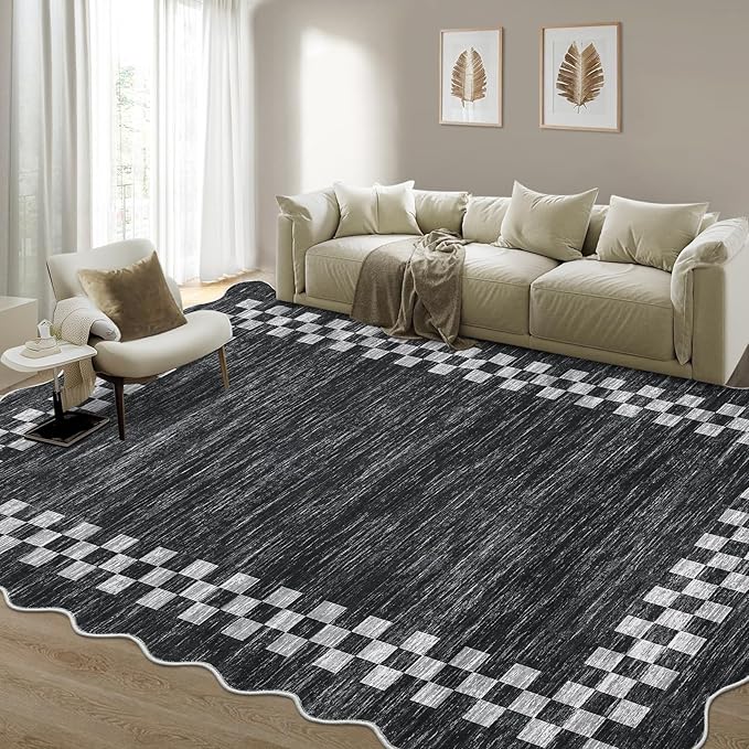 GarveeHome Area Rug 6x9 Large Living Room Modern Border Throw Rug with Rubber Backing Stain Resistant Dining Room Throw Carpet Washable Scalloped Rug for Bedroom Home Decor Office, Grey