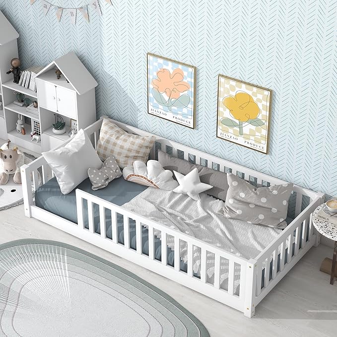 Twin Size Montessori Floor Bed with Wood Slats for Kids Bedroom,Wood Montessori Bed Frame with Safety Guardrails for Girls & Boys,Space Saving Design,White