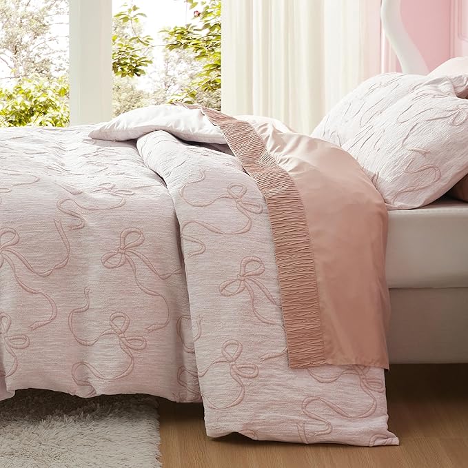 Bedsure Pink Duvet Cover Queen Size with Bowknot Jacquard Design, Soft and Elegant Boho Bedding Set, Luxurious Craftsmanship for a Stylish Bedroom,Includes 1 90"x90" Duvet Cover & 2 Pillow Shams