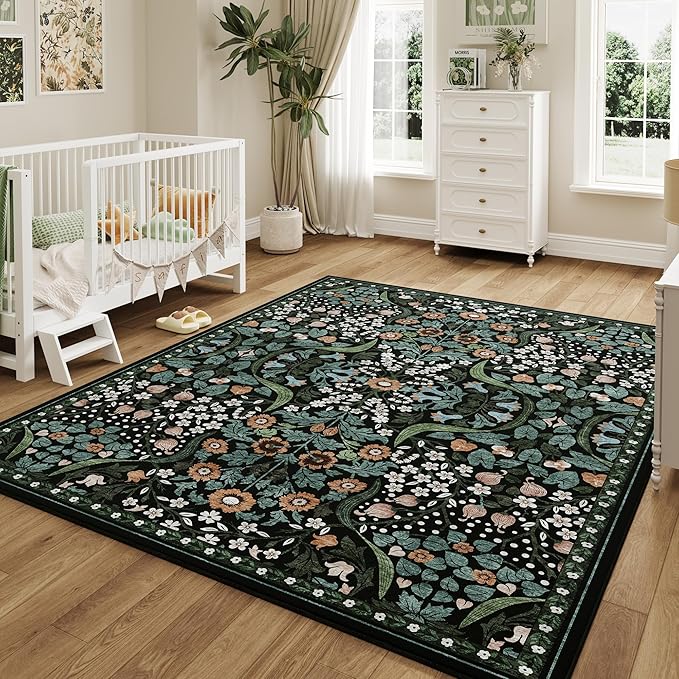 6x9 Green Floral Washable Area Rug for Living Room, Non-Slip Soft Vintage Boho Carpet, Botanical Forest Green Low Pile Rugs for Bedroom, Dinning Room, Dorm, Nursery, Black and Green