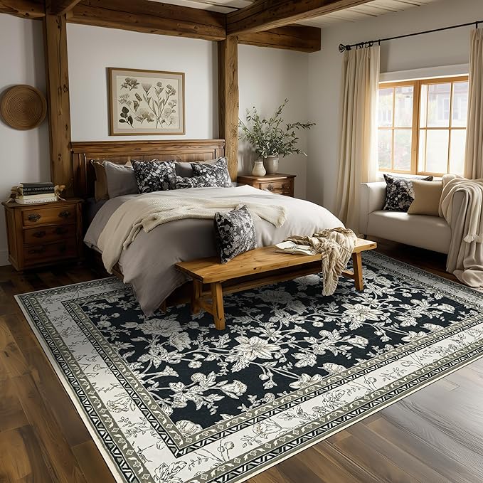 Black Farmhouse Washable 9x12 Area Rugs for Living Dining Room Bedroom Office Kitchen Table Large Rug for Under Table, Beige Cream Taupe Sketch Pattern Floral Vintage Boho Farmhouse Home Decor
