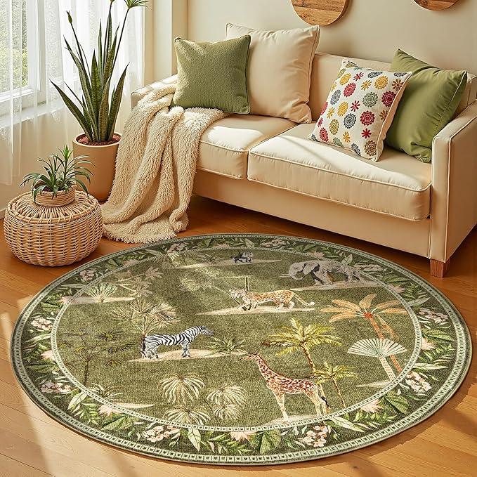 jinchan Round Rug 4ft Green Jungle Animals Print, Machine Washable 4' Circle Modern Soft Non-Slip Forest Plant Throw Area Rug Ultra-Thin Low Pile Christmas Carpet for Entryway Bedroom Kitchen Room