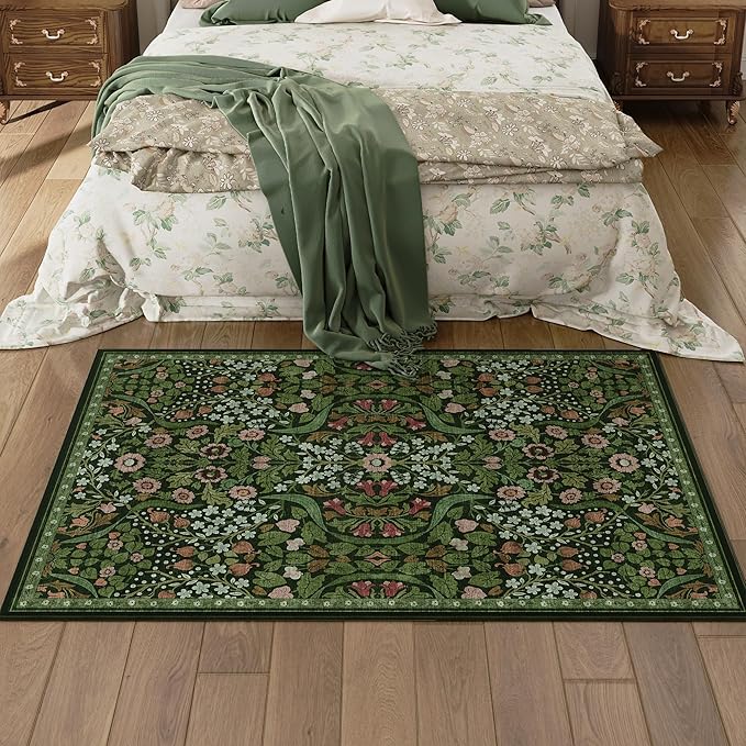 3x5 Floral Washable Area Rug for Kitchen, Non-Slip Soft Vintage Boho Carpet, Botanical Forest Green Small Low Pile Rugs for Bedroom, Entryway, Home Office, Dorm, Dark Green
