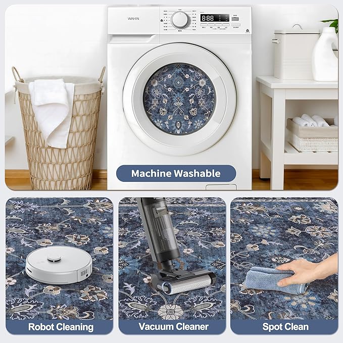 Tangsoo 5x8 Blue Area Rug, Washable Vintage Floral Large Rug Non Slip, Low Pile Stain Resistance Distressed Retro Indoor Boho Carpet for Bedroom Living Room Laundry Dinning Room Mat Home Decor